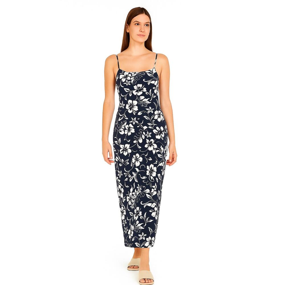 Hilo Hattie Spaghetti Strap Maxi Dress Blue Hibiscus Side Slit‎ Hawaiian Size 10
